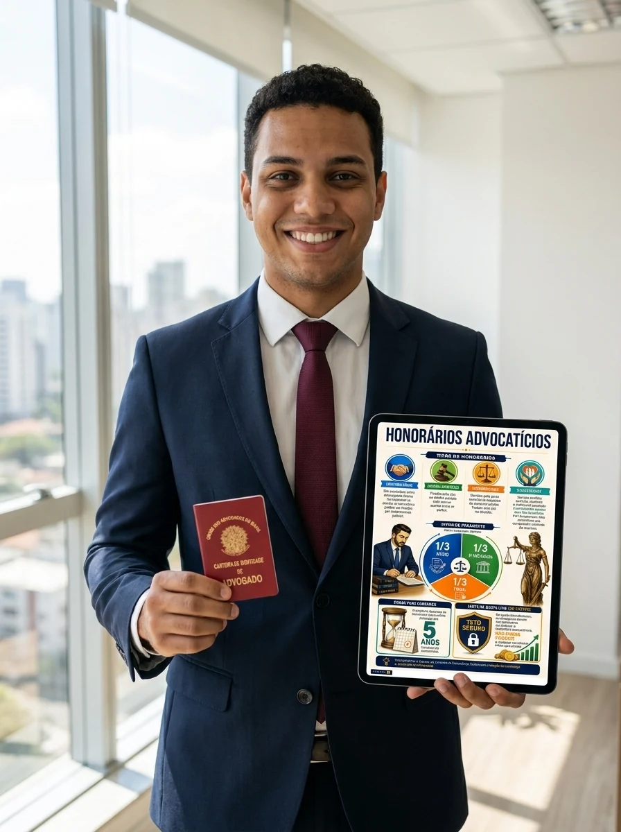 O mesmo estudante, agora de terno, segurando o tablet com o OAB Ilustrado e a carteira da OAB