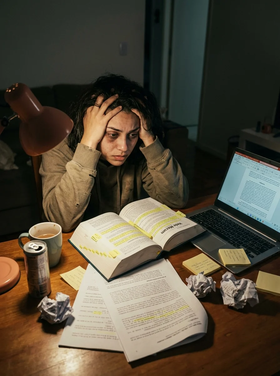 Estudante exausta de madrugada com o Vade Mecum grifado